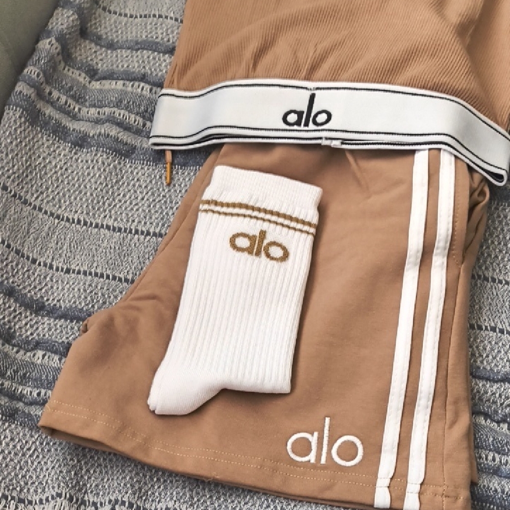 ALO Yoga Tan Shorts and White Socks Combo